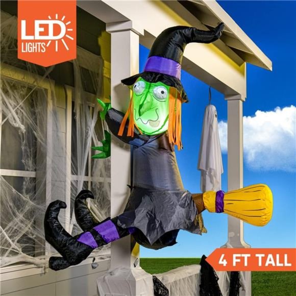 4 FT Tall Halloween Inflatable Witch Crashing Into Tree...